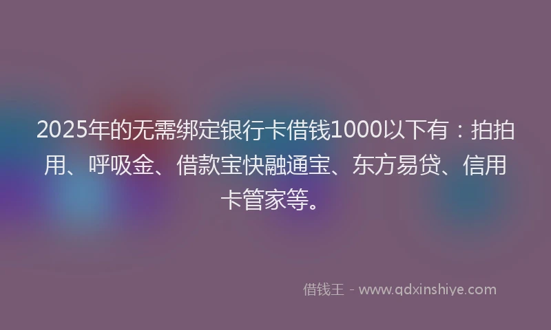 2025年的无需绑定银行卡借钱1000以下有：拍拍用、呼吸金、借款宝快融通宝、东方易贷、信用卡管家等。