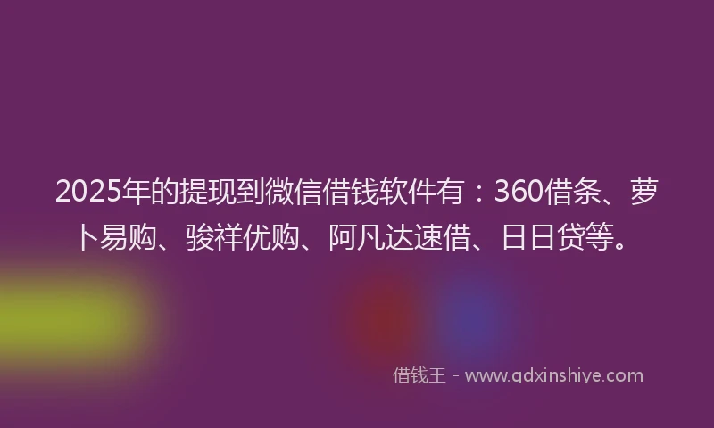 2025年的提现到微信借钱软件有：360借条、萝卜易购、骏祥优购、阿凡达速借、日日贷等。
