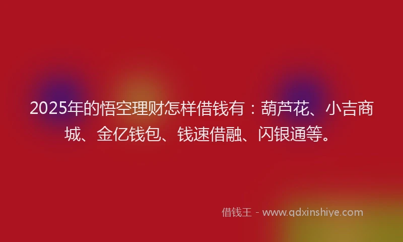 2025年的悟空理财怎样借钱有：葫芦花、小吉商城、金亿钱包、钱速借融、闪银通等。