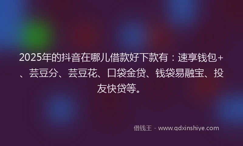 2025年的抖音在哪儿借款好下款有：速享钱包+、芸豆分、芸豆花、口袋金贷、钱袋易融宝、投友快贷等。