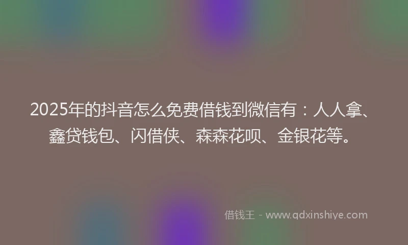 2025年的抖音怎么免费借钱到微信有：人人拿、鑫贷钱包、闪借侠、森森花呗、金银花等。