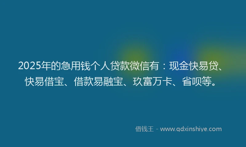 2025年的急用钱个人贷款微信有：现金快易贷、快易借宝、借款易融宝、玖富万卡、省呗等。