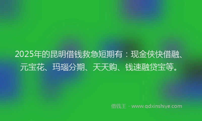 2025年的昆明借钱救急短期有：现金侠快借融、元宝花、玛瑙分期、天天购、钱速融贷宝等。