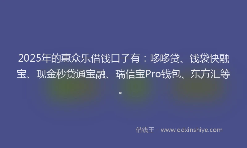 2025年的惠众乐借钱口子有：哆哆贷、钱袋快融宝、现金秒贷通宝融、瑞信宝Pro钱包、东方汇等。