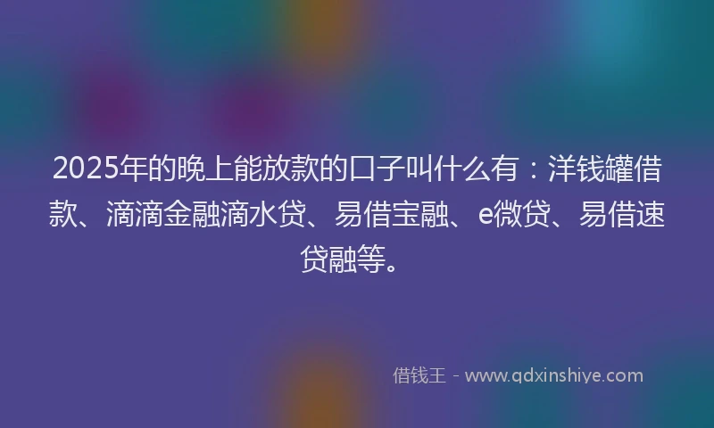 2025年的晚上能放款的口子叫什么有：洋钱罐借款、滴滴金融滴水贷、易借宝融、e微贷、易借速贷融等。