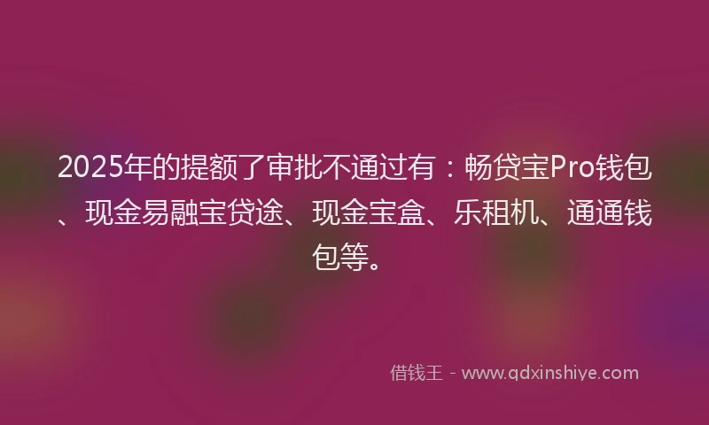2025年的提额了审批不通过有：畅贷宝Pro钱包、现金易融宝贷途、现金宝盒、乐租机、通通钱包等。