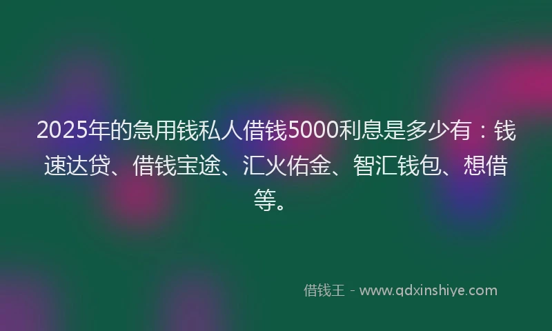 2025年的急用钱私人借钱5000利息是多少有：钱速达贷、借钱宝途、汇火佑金、智汇钱包、想借等。