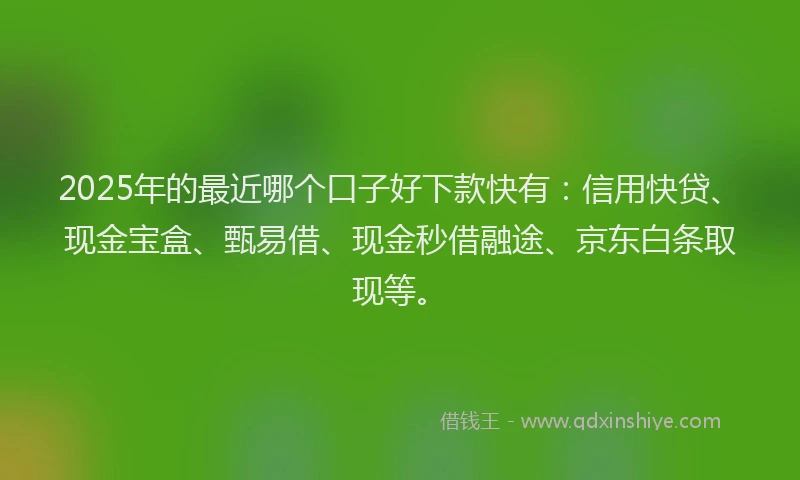 2025年的最近哪个口子好下款快有：信用快贷、现金宝盒、甄易借、现金秒借融途、京东白条取现等。