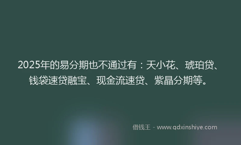 2025年的易分期也不通过有：天小花、琥珀贷、钱袋速贷融宝、现金流速贷、紫晶分期等。
