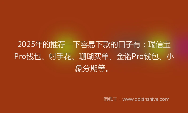 2025年的推荐一下容易下款的口子有：瑞信宝Pro钱包、射手花、珊瑚买单、金诺Pro钱包、小象分期等。