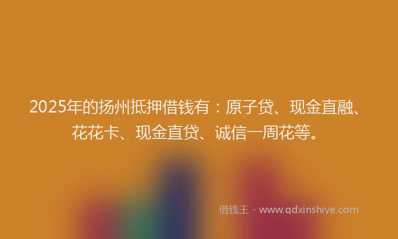 2025年的扬州抵押借钱有：原子贷、现金直融、花花卡、现金直贷、诚信一周花等。