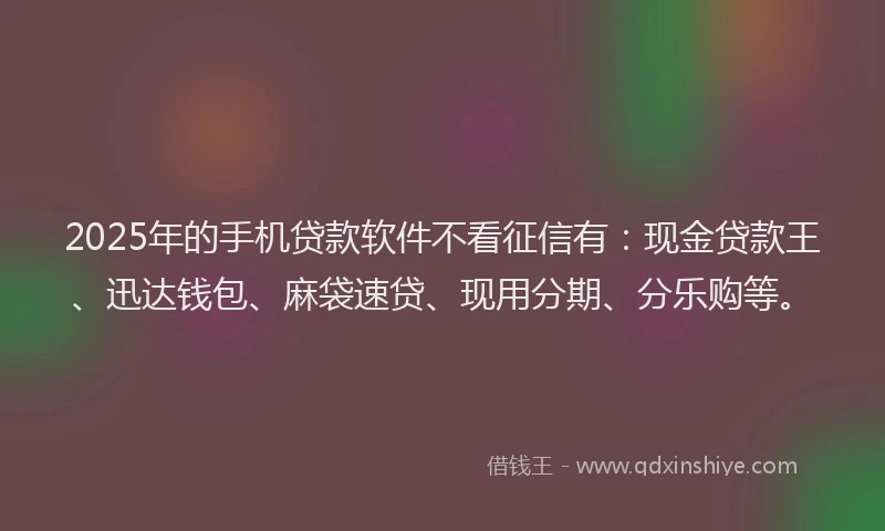 2025年的手机贷款软件不看征信有：现金贷款王、迅达钱包、麻袋速贷、现用分期、分乐购等。