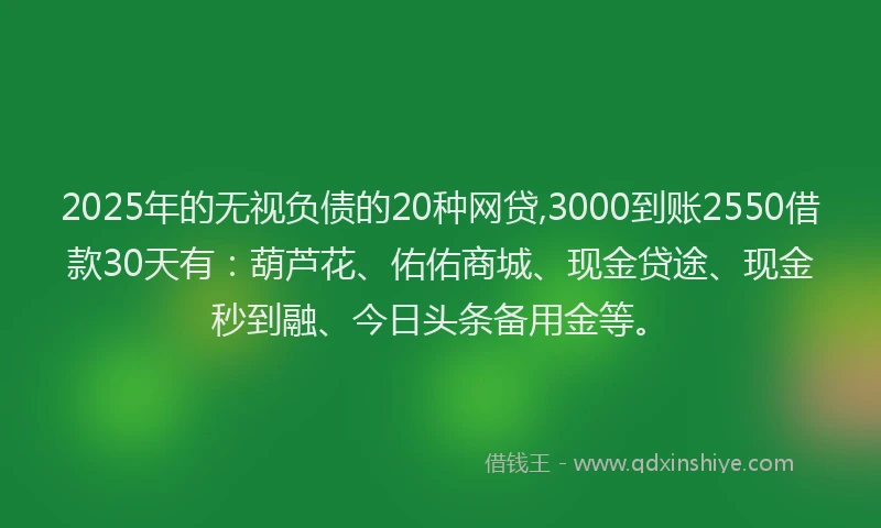 2025年的无视负债的20种网贷,3000到账2550借款30天有：葫芦花、佑佑商城、现金贷途、现金秒到融、今日头条备用金等。