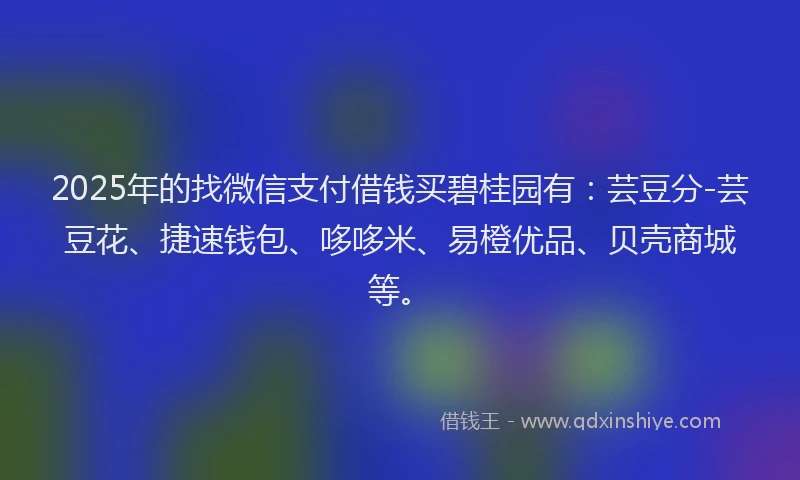 2025年的找微信支付借钱买碧桂园有：芸豆分-芸豆花、捷速钱包、哆哆米、易橙优品、贝壳商城等。