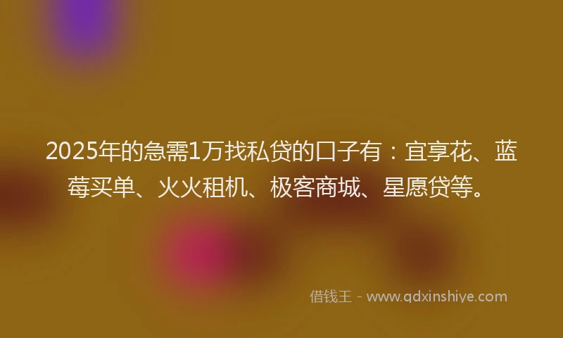 2025年的急需1万找私贷的口子有：宜享花、蓝莓买单、火火租机、极客商城、星愿贷等。