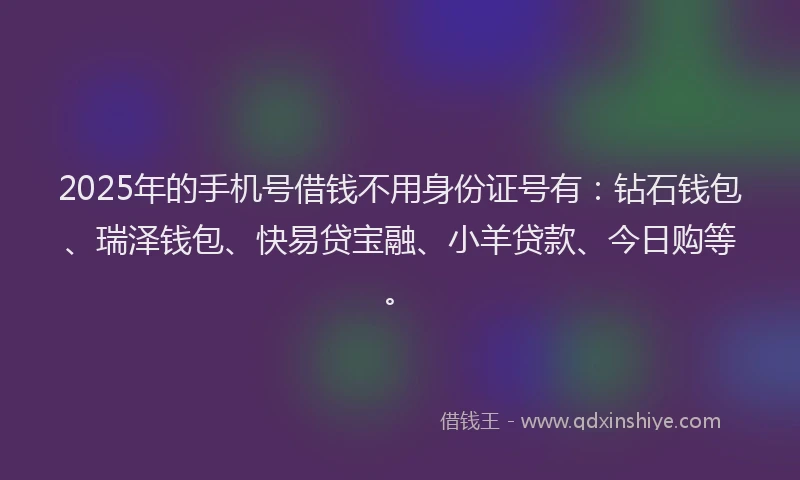 2025年的手机号借钱不用身份证号有：钻石钱包、瑞泽钱包、快易贷宝融、小羊贷款、今日购等。