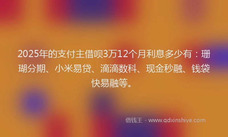 2025年的支付主借呗3万12个月利息多少有：珊瑚分期、小米易贷、滴滴数科、现金秒融、钱袋快易融等。