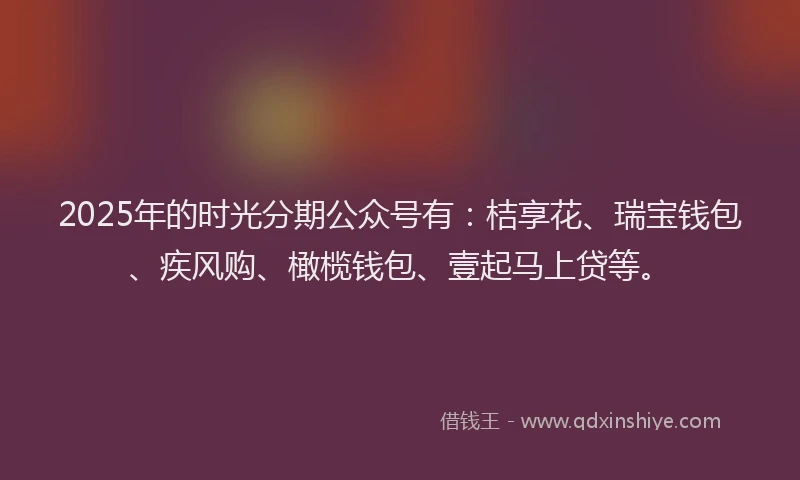 2025年的时光分期公众号有：桔享花、瑞宝钱包、疾风购、橄榄钱包、壹起马上贷等。