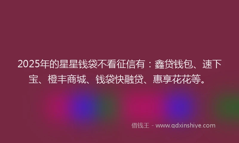2025年的星星钱袋不看征信有：鑫贷钱包、速下宝、橙丰商城、钱袋快融贷、惠享花花等。