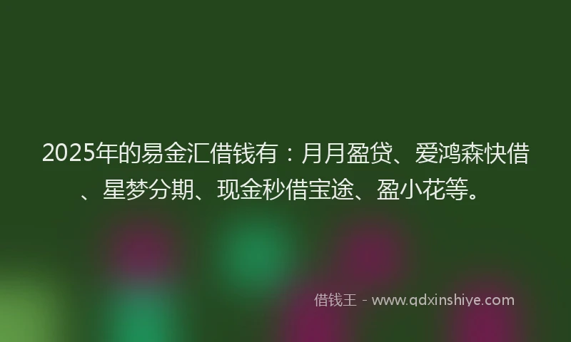 2025年的易金汇借钱有：月月盈贷、爱鸿森快借、星梦分期、现金秒借宝途、盈小花等。