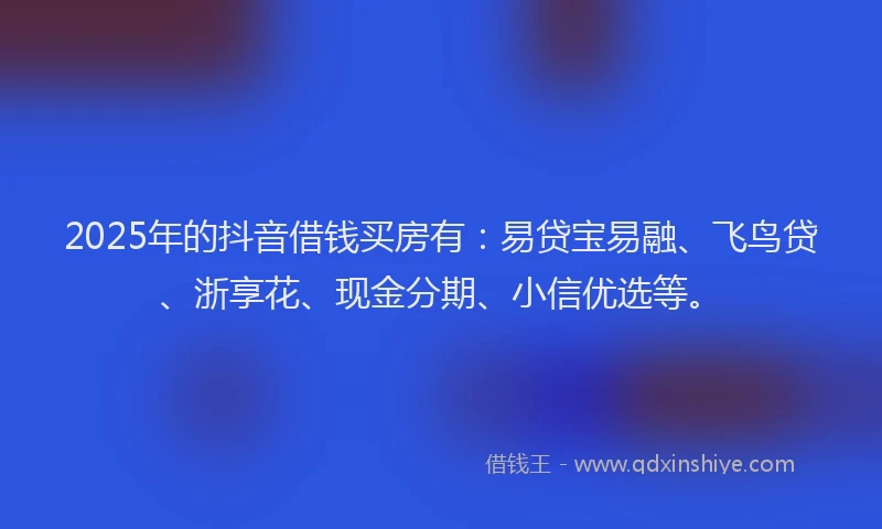 2025年的抖音借钱买房有：易贷宝易融、飞鸟贷、浙享花、现金分期、小信优选等。
