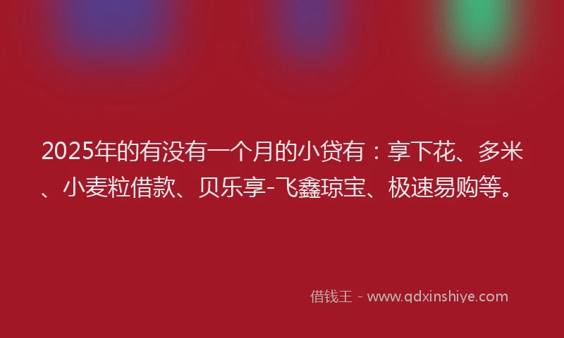 2025年的有没有一个月的小贷有：享下花、多米、小麦粒借款、贝乐享-飞鑫琼宝、极速易购等。