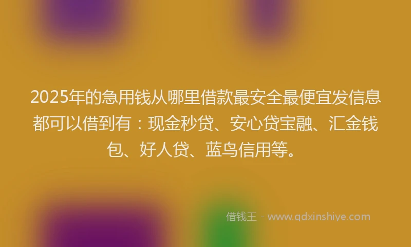 2025年的急用钱从哪里借款最安全最便宜发信息都可以借到有：现金秒贷、安心贷宝融、汇金钱包、好人贷、蓝鸟信用等。