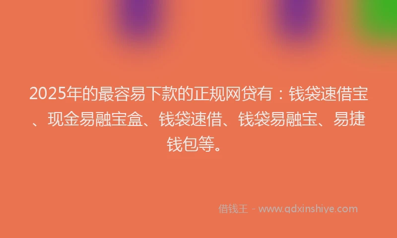 2025年的最容易下款的正规网贷有：钱袋速借宝、现金易融宝盒、钱袋速借、钱袋易融宝、易捷钱包等。