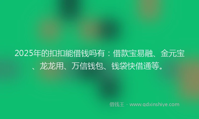2025年的扣扣能借钱吗有：借款宝易融、金元宝、龙龙用、万信钱包、钱袋快借通等。