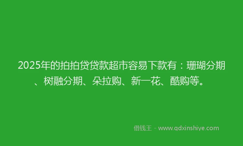 2025年的拍拍贷贷款超市容易下款有：珊瑚分期、树融分期、朵拉购、新一花、酷购等。