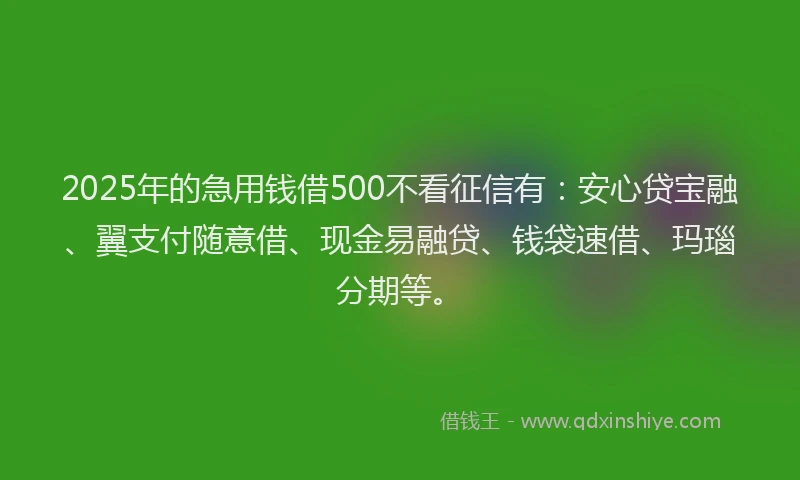 2025年的急用钱借500不看征信有：安心贷宝融、翼支付随意借、现金易融贷、钱袋速借、玛瑙分期等。
