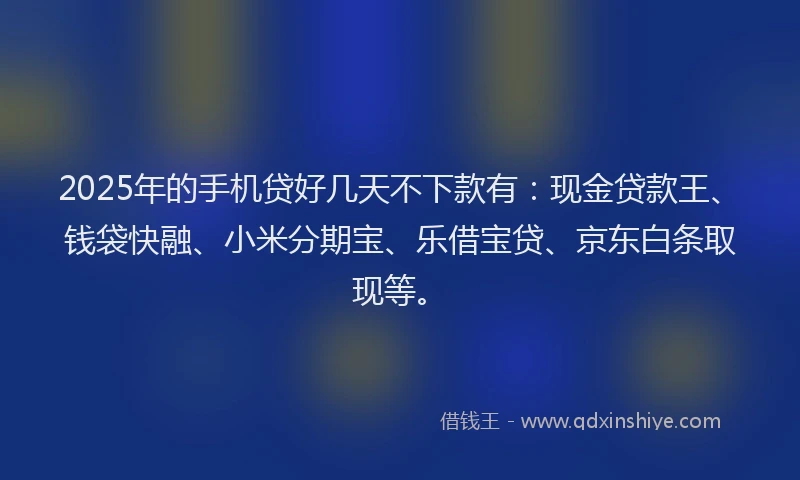 2025年的手机贷好几天不下款有：现金贷款王、钱袋快融、小米分期宝、乐借宝贷、京东白条取现等。