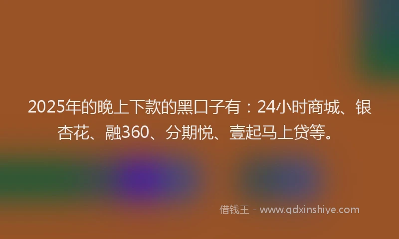 2025年的晚上下款的黑口子有：24小时商城、银杏花、融360、分期悦、壹起马上贷等。