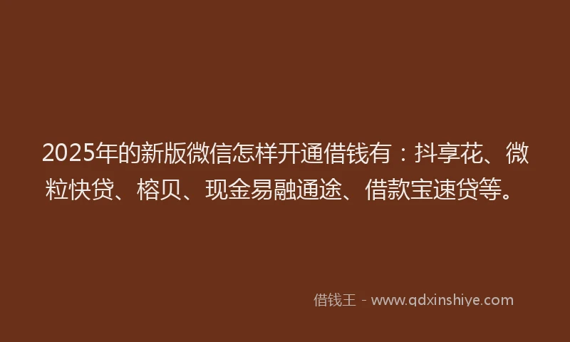 2025年的新版微信怎样开通借钱有：抖享花、微粒快贷、榕贝、现金易融通途、借款宝速贷等。