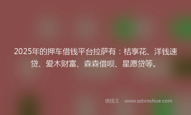2025年的押车借钱平台拉萨有：桔享花、洋钱速贷、爱木财富、森森借呗、星愿贷等。