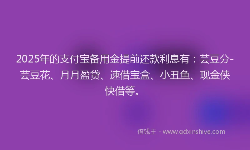 2025年的支付宝备用金提前还款利息有：芸豆分-芸豆花、月月盈贷、速借宝盒、小丑鱼、现金侠快借等。