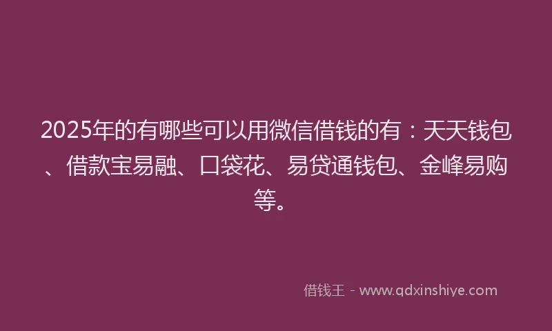 2025年的有哪些可以用微信借钱的有：天天钱包、借款宝易融、口袋花、易贷通钱包、金峰易购等。