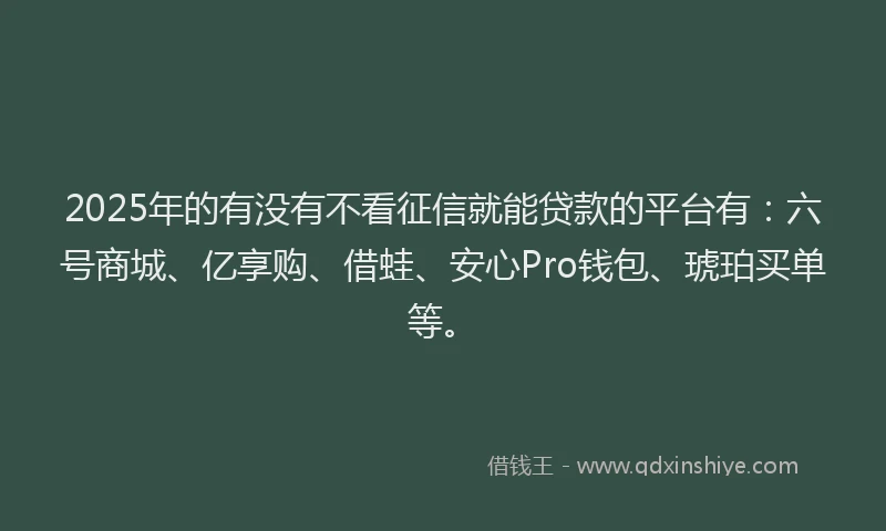 2025年的有没有不看征信就能贷款的平台有:六号商城、亿享购、借蛙、安心Pro钱包、琥珀买单等。
