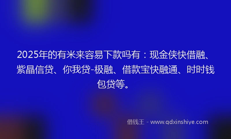 2025年的有米来容易下款吗有：现金侠快借融、紫晶信贷、你我贷-极融、借款宝快融通、时时钱包贷等。