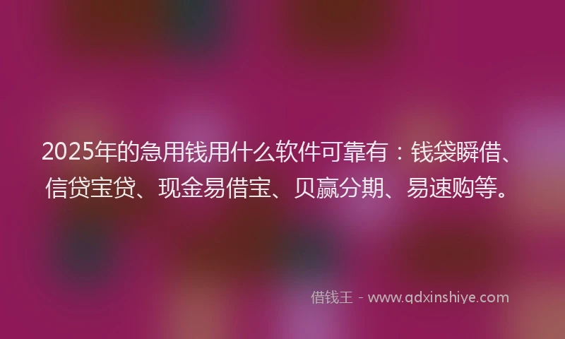 2025年的急用钱用什么软件可靠有：钱袋瞬借、信贷宝贷、现金易借宝、贝赢分期、易速购等。