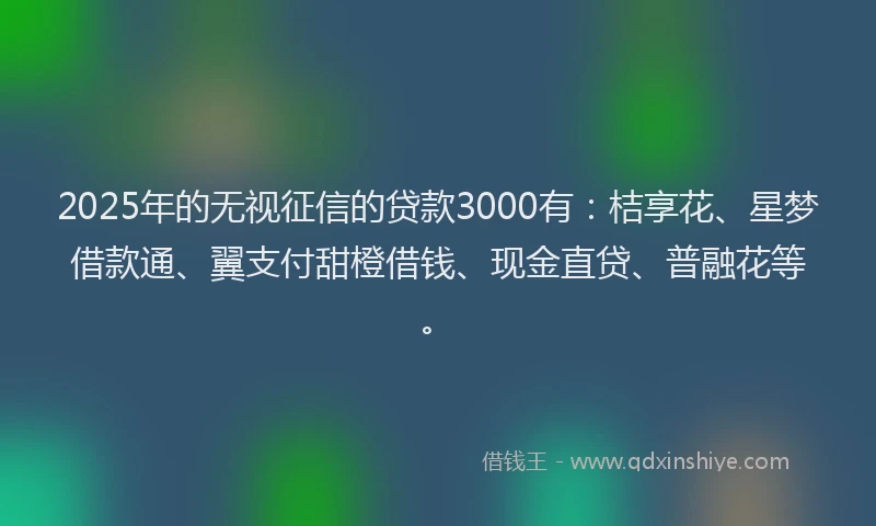 2025年的无视征信的贷款3000有：桔享花、星梦借款通、翼支付甜橙借钱、现金直贷、普融花等。