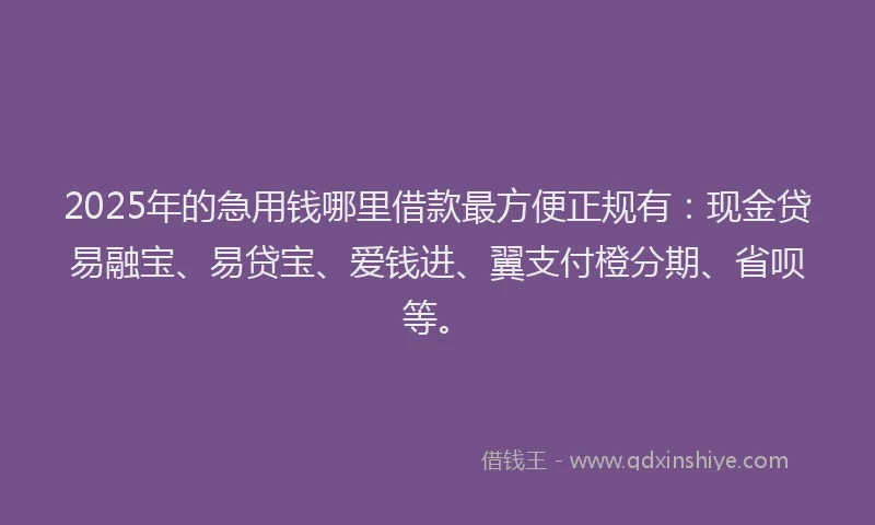 2025年的急用钱哪里借款最方便正规有：现金贷易融宝、易贷宝、爱钱进、翼支付橙分期、省呗等。
