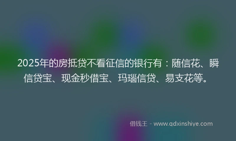 2025年的房抵贷不看征信的银行有：随信花、瞬信贷宝、现金秒借宝、玛瑙信贷、易支花等。