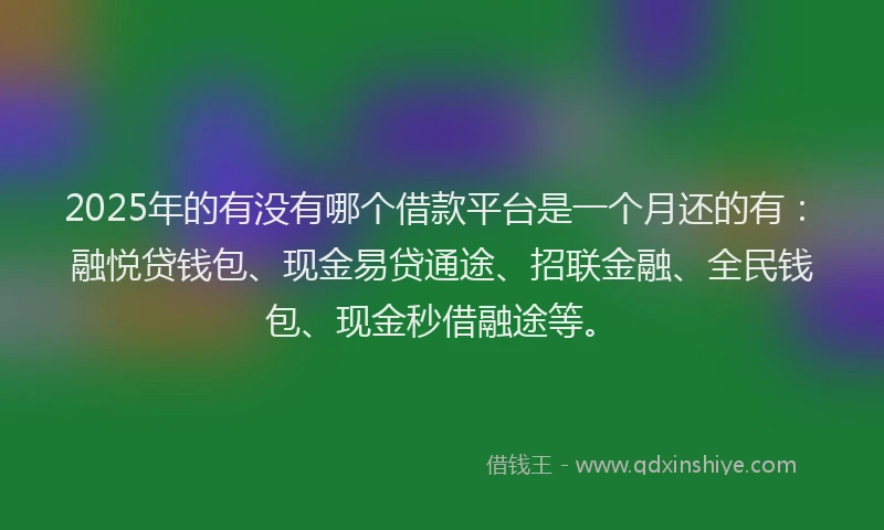 2025年的有没有哪个借款平台是一个月还的有：融悦贷钱包、现金易贷通途、招联金融、全民钱包、现金秒借融途等。