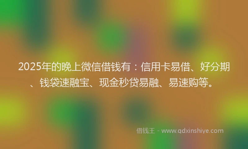2025年的晚上微信借钱有:信用卡易借、好分期、钱袋速融宝、现金秒贷易融、易速购等。