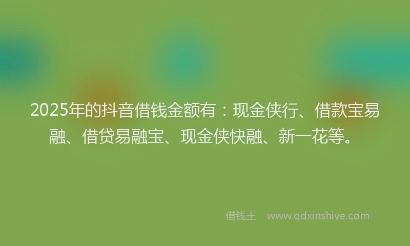 2025年的抖音借钱金额有：现金侠行、借款宝易融、借贷易融宝、现金侠快融、新一花等。