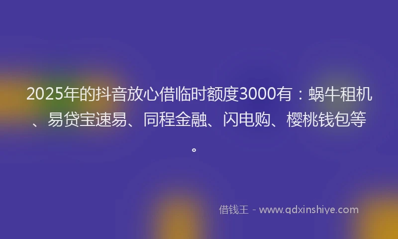 2025年的抖音放心借临时额度3000有：蜗牛租机、易贷宝速易、同程金融、闪电购、樱桃钱包等。