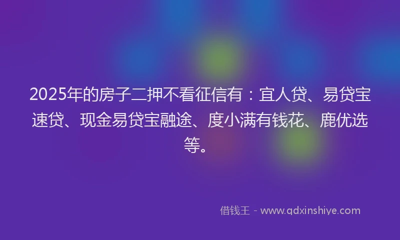 2025年的房子二押不看征信有：宜人贷、易贷宝速贷、现金易贷宝融途、度小满有钱花、鹿优选等。