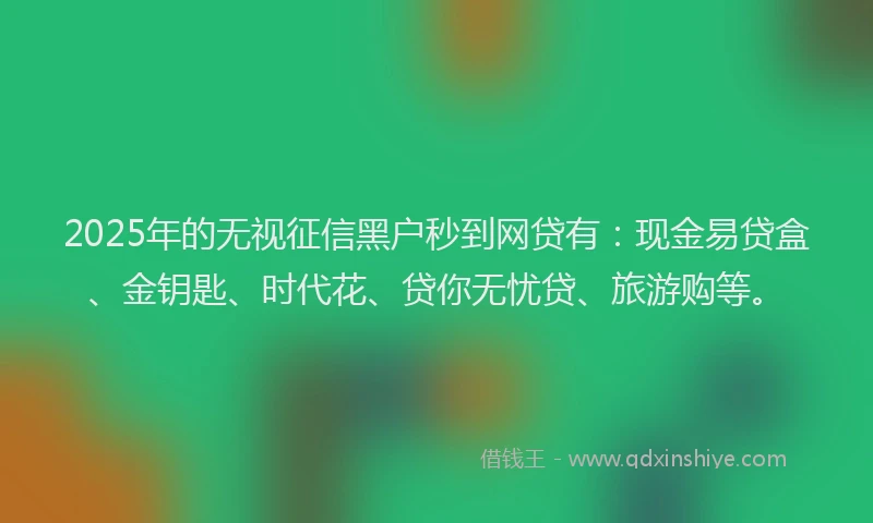 2025年的无视征信黑户秒到网贷有：现金易贷盒、金钥匙、时代花、贷你无忧贷、旅游购等。