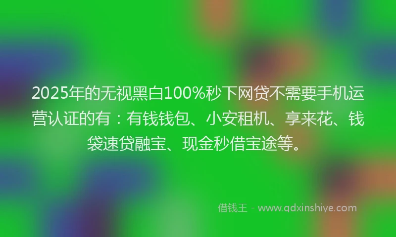 2025年的无视黑白100%秒下网贷不需要手机运营认证的有：有钱钱包、小安租机、享来花、钱袋速贷融宝、现金秒借宝途等。